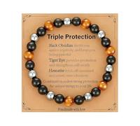 Triple Protection Bracelets for Women Men 8mm Crystal Beaded Bracelets Natural Stone Stretch Bracelet Protection Strength Balance Bracelet Gifts for Friends Brother Christmas Birthdays Present