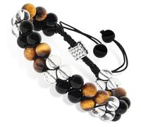 Triple Protection Crystal Bracelet for Men Women Black Obsidian Clear Quartz & Yellow Tiger Eye 8.2mm Handmade Bead Healing Stone Bracelets with adjustable String Bring Luck, Prosperity and Happiness