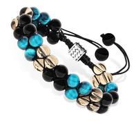 Triple Protection Crystal Bracelet for Men Women Black Obsidian Smoky Quartz & Blue Tiger Eye 8.2mm Handmade Bead Healing Stone Bracelets with adjustable String Bring Luck, Prosperity and Happiness