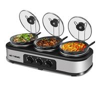 Triple Slow Cooker with Non-Skid Feet, 3×1.5 QT Slow Cooker Buffet Server, 3 Pots Food Warmer Adjustable Temp Lid Rests Stainless Steel Manual Silver for Parties Holidays Families