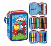 Triple Spidey Marvel Pencil Case for Boys - Blue One Size School Pencil Case with 3 Zippers and Stationery Accessories Included, Official License, Ideal for School and Back to School
