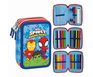Triple Spidey Marvel Pencil Case for Boys - Blue One Size School Pencil Case with 3 Zippers and Stationery Accessories Included, Official License, Ideal for School and Back to School