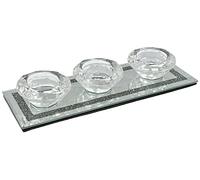 Triple Tealight Candle Holder Crush Diamond Glass Mirrored Tea Light Holder 25cm