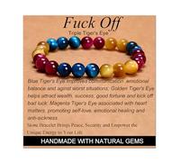 Triple Tiger's Eye - Fuck Off - Stretch Elastic Bracelet Natural Stone Crystal Healing Power Energy Gifts for Unisex Adult 8mm