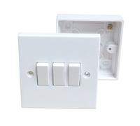 Triple Wall Switch & Back Box Pattress. 3 Gang 2 Way Switched Electrical, Multi-coloured