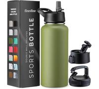 Triple Walled, Insulated Water Bottles with Straw Lid/Flip Top Lid/Wide Mouth Cap - Stainless Steel Metal Bottle for Travel, School, Sports, Gym (Army Green, 950 ml)