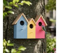 Triple Wooden Bird House Pastel Nesting Box for Small Garden Birds | Three Connected Bird Houses, Wooden Design, Hanging Hooks, Freestanding, Pastel Finish, 3 Perches