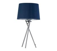 Tripod Table Lamp or Bedside Light, Chrome with Navy Blue & Silver Fabric Shade, LED Compatible, Height 53cm, Inline Switch