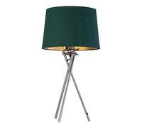 Tripod Table Lamp or Bedside Light, Chrome with Green & Gold Fabric Shade, LED Compatible, Height 53cm, Inline Switch