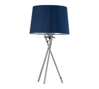 Tripod Table Lamp or Bedside Light, Chrome with Navy Blue & Silver Fabric Shade, LED Compatible, Height 53cm, Inline Switch