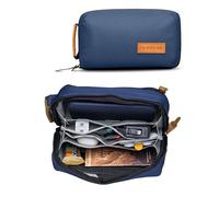 Tripped Travel Gear Tech Bag Organizer - Small Electronics Organizer Pouch for Travel - Premium Travel Case with Leather Accents - Mesh Pocket for Cables, Cords and Chargers (Navy)