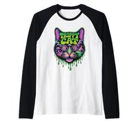 Trippy Cat 70's Rave Vibrant Neon Feline Graphic Design Raglan Baseball Tee