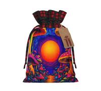 Trippy Mushrooms Magic World Art 01 Christmas Gift Bag 11.8 x 8.3 Inches | Drawstring Gift Bag With Tags Reusable Gift Wrapping Bag For Storing Candies And Snacks For Festivals Party Weddings Gifts