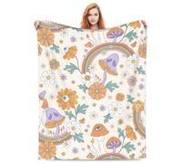 Trippy Mushrooms Rainbow Eyed Flowers Groovy Blanket Retro 60s 70s Boho Mystic Garden Florals Valentine Day Gifts for Girls Women Soft Flannel Throw Blanket for Bed Home Sofa Decor 50"X40"