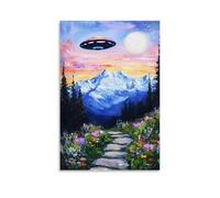 Trippy Sci Fi Wall Art, Retro Desert UFO Alien Spaceship Vintage Art Hanging Paintings Poster 70's Style Landscape Artwork Perfect for Home Living Room Bedroom 24x36inch(60x90cm)