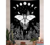 Trippy Witchy Vertical Tapestry, Black and White Moth Floral Moon Tarot Tapestry Wall Hanging for Bedroom, Dark Aesthetic Nature Flower Small Tapestries Poster Blanket College Dorm Decor (60X80)
