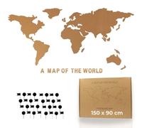 Tripvea - Cork Board | World Map Wall Panel 150 x 90 cm - Notice Board with 50 Push Pins, Vintage & Natural Design | Self Adhesive