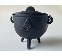 Triquetra Cast Iron Cauldron with Lid and Handle, Witches Cauldron, Great for Use with Charcoal Incense, Smudge Sage, 4.25"-4.5"