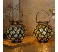 TRIROCKS 2-Piece Moroccan LED Lantern 18cm - Battery Powered Cordless Table Lamp for Living Room, Bedroom, Balcony & Terrace - Black with Gold Brush Hollow-Cut Metal