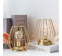 TRIROCKS 2 Set of Metal Battery Operated Table Lamp 17cm Tall Mini Cage Shape Cordless Lanterns with Warm Fairy Lights Bulb for Patio Garden Wedding Parties Indoor Outdoor (Gold)