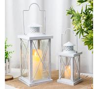 TRIROCKS 40 & 28 cm H Decorative Candle Lanterns Set of 2 Hanging Lantern Vintage Metal Candle Holder with Tempered Glass for Indoor Outdoor Home Decor Parties Garden Wedding(White with Silver Brush)