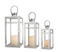 TRIROCKS Cuboid Stainless Steel Decorative Lantern with Handle Set of 3 Large Hanging Holder 48cm&38cm&30cm High with Clear Glass Panels for Home Decor Living Room Garden Outdoor (Silver)