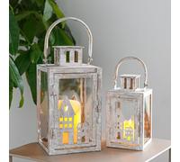 TRIROCKS Decorative Candle Lantern 19.5 &27.5cm Vintage Metal Candle Holders Set of 2 Outdoor Lanterns for Garden, Living Room, Indoor & Outdoor (Gray with Gold Brush)