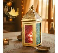 TRIROCKS Decorative Ramadan Battery Table Lamp Metal Vintage Oriental Hanging Lantern Arabian Electric LED Lights with Tempered Glass for Home Decor Indoor Outdoor Party Events
