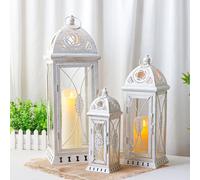 TRIROCKS Large Set of 3 Decorative Candle Lanterns 56/41/28cm High Vintage Metal Candle Holders Hanging Lantern for Garden Yard Patio Wedding Parties Events Indoors Outdoors(Beige with Gold Brush)