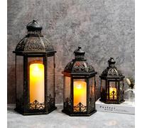 TRIROCKS Large Set of 3 Decorative Lanterns 48 & 34 & 24.5 cm H Vintage Hanging Lantern Metal Candleholder with Tempered Glass for Indoor Outdoor Home Decor Parties Garden(Black with gold Brush)