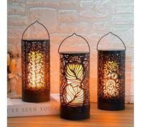 TRIROCKS LED Flame Effect Light, Battery Operated Breathing Lamp, Floral Hollow Design Lantern Set with Timer, 3-Pack Iron Decorative Lighting for Indoor Outdoor Patio Garden Yard
