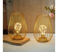 TRIROCKS Metal Cordless Table Lamp 20cm Tall Set of 2 Cage Shape Battery Operated Lamp with Fairy Lights Bulb for Indoor/Outdoor Use Perfect for Christmas Garden and Weddings (Gold)