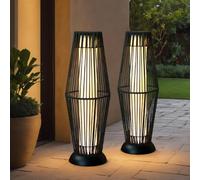 TRIROCKS Outdoor Floor Lamp 2 Pcs Solar Powered Lantern Wicker Solar Lamp with Olifen Rope Waterproof Rattan Outside Solar LED Deck Light for Porch Yard Pathway Terrace Garden Lawn Patio (Black)