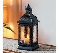 TRIROCKS Rustic Style Metal Candle Lantern Decorative Hanging Candlestick Holder with Tempered Glass for Christmas Living Room Garden Yard Patio Parties Events Indoors Outdoors(Black)