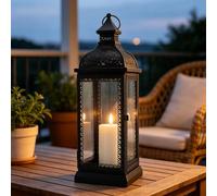 TRIROCKS Rustic Style Metal Candle Lantern Large Decorative Candlestick Holder with Tempered Glass for Thanksgiving Christmas Living Room Garden Patio Parties Indoors Outdoors (Black)