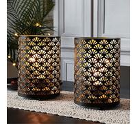 TRIROCKS Set of 2 Battery Operated Table Lamp 12cm x 16cm Metal Cordless Bronze Lanterns with Warm Lights Bulb for Patio Wedding Parties Indoor Outdoor (Scalloped Hollow Pattern)