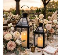 TRIROCKS Set of 2 Black Decorative Lanterns 34cm &26cm H Metal Candle Holders with Tempered Glass for Christmas Home Decor Living Room Parties Wedding Halloween Tabletop Indoors Outdoors