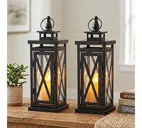 TRIROCKS Set of 2 Deacorative Candle Lantern 35.5 cm High Metal Candle Holder Hanging Lanterns with Tempered Glass Perfect for Indoor Outdoor Home Decor Parties Garden Events Wedding (Black)