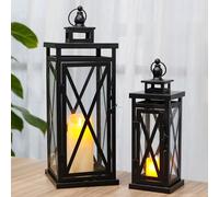 TRIROCKS Set of 2 Deacorative Candle Lantern 50 cm& 28 cm High Metal Candle Holder Hanging Lanterns with Tempered Glass Perfect for Indoor Outdoor Home Decor Parties Garden Events Wedding (Black)