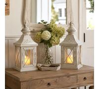 TRIROCKS Set of 2 Decorative Candle Holder 27 cm High Metal Hanging Lantern Perfect for Home Decor Halloween Living Room Parties Events Tabletop Indoors Outdoors (White with Gold Brush)