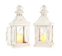 TRIROCKS Set of 2 Decorative Candle Holder 27 cm High Metal Hanging Lantern Perfect for Home Decor Halloween Living Room Parties Events Tabletop Indoors Outdoors (White with Gold Brush)