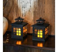 TRIROCKS Set of 2 Decorative Candle Lantern Metal Candle Holder Hanging Lantern Perfect for Home Decor Halloween Living Room Parties Events Tabletop Indoors Outdoors (Black)