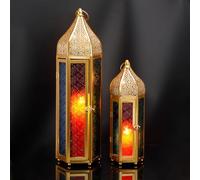 TRIROCKS Set of 2 Decorative Ramadan Candle Lantern Metal Oriental Candle Holder Arabian Hanging Tealight Moroccan Lanterns with Tempered Glass for Home Decor Indoor Outdoor Party Event
