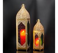 TRIROCKS Set of 2 Decorative Ramadan Candle Lantern Metal Oriental Candle Holder Arabian Hanging Tealight Moroccan Lanterns with Tempered Glass for Home Decor Indoor Outdoor Party Event