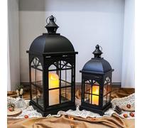 TRIROCKS Set of 2 Decorative Vintage Candle Lanterns 51.5cm H Farmhouse Hanging Candle Holder with Tempered Glass for Porch Balcony Patio Home Garden Wedding Indoor Outdoor (Black)