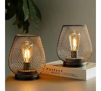 TRIROCKS Set of 2 Metal Battery Operated Table Lamp 17cm Tall Metal Cage Shape Cordless Lanterns with LED Edsion Bulb for Patio Garden Wedding Parties Indoor Outdoor (Brown)
