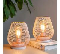 TRIROCKS Set of 2 Metal Battery Operated Table Lamp 17cm Tall Metal Cage Shape Cordless Lanterns with LED Edsion Bulb for Patio Garden Wedding Parties Indoor Outdoor (Pink)