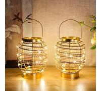 TRIROCKS Set of 2 Metal Cage Battery Operated Table Lamp 19.5cm H Vintage Cordless LED Lantern with 6-Hour Timer, Fairy Lights Lantern for Indoor/Outdoor Bedrooms Weddings Parties Patio