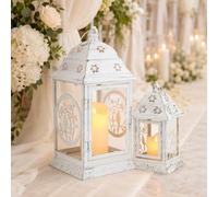 TRIROCKS Set of 2 Metal Candle Lanterns 37cm & 23cm High Vintage Decorative Lanterns Rustic Hanging Garden Lantern for Yard Patio Wedding Events Indoors Outdoors(White with Black Brush)