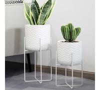 TRIROCKS Set of 2 Modern Metal Planters with Stands 31cm &45cm Flower Holders Pots for Indoor Outdoor Home Garden Balcony Patio Decor (White)